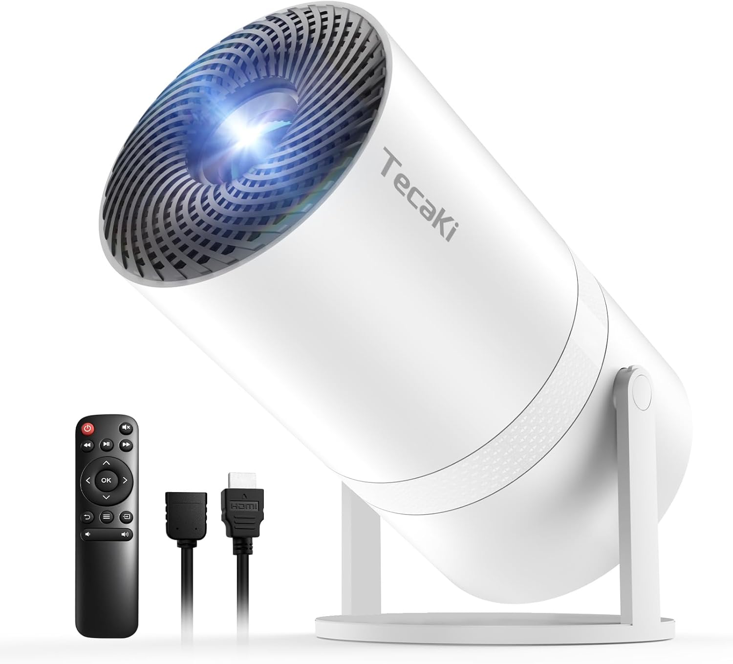 Tecaki Mini Projector in white showing compact portable design